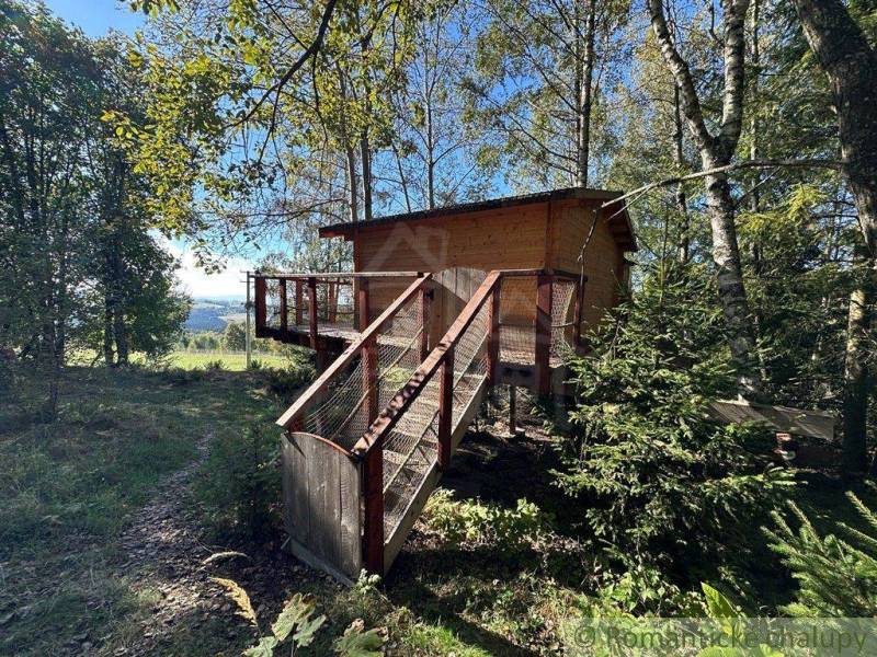 A wooden house in the forest with a terrace, ideal for a cozy family home.