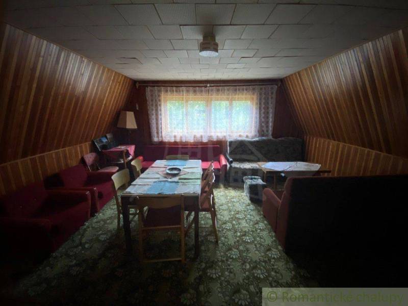 Living room with wooden walls, a family house with a carpet and a comfortable sofa.