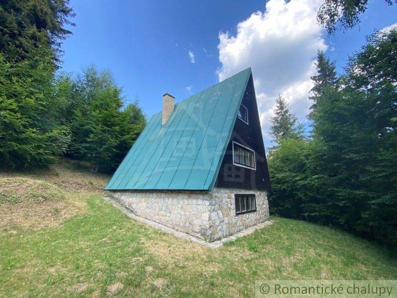 An A-frame cabin with a stone foundation in the forest offers refuge and tranquility.