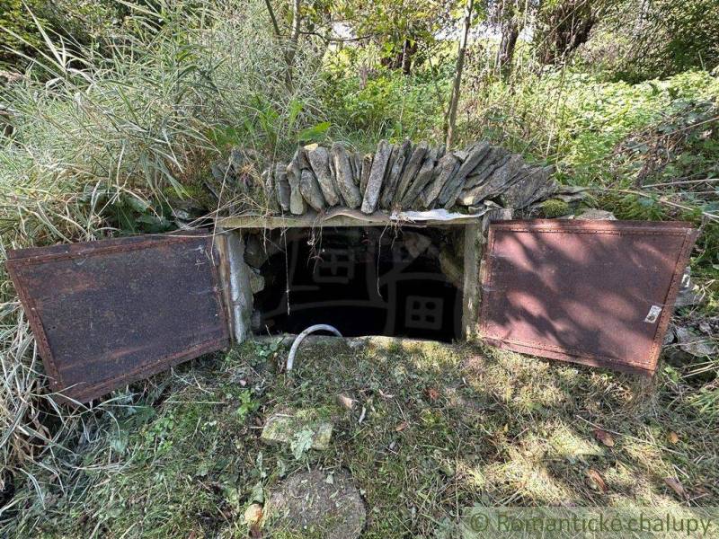 An old cellar in nature with open doors and a stone structure. Family house.