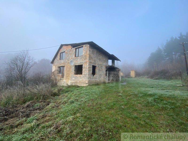 A family house in nature, surrounded by mist and a green meadow near the forest.