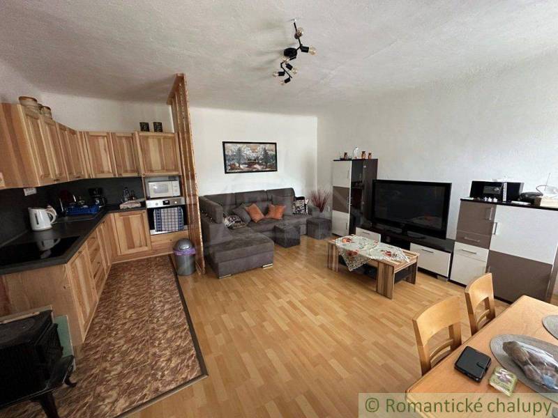 Living room with kitchen, sofa, and television in a cozy family house.