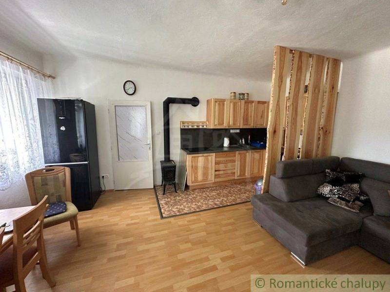 In the picture, there is a living room of a family house with a kitchen, a tiled stove, and a sofa.