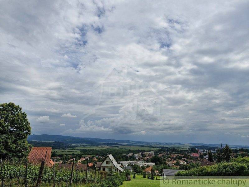 A view of picturesque vineyards, family houses, and hilly landscape under a cloudy sky.