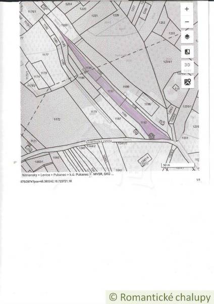 The map shows a plot in Pukanec, Nitra Region, suitable for a family house.