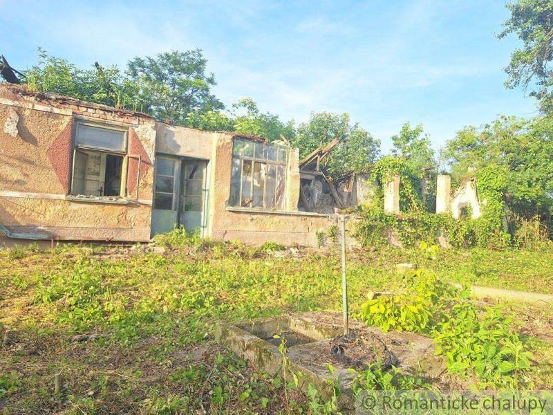 Abandoned building with a damaged roof and overgrown grounds, surrounded by nature.