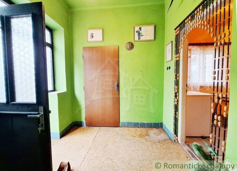 Green hallway in a family house with a decorated passageway and simple wooden doors.