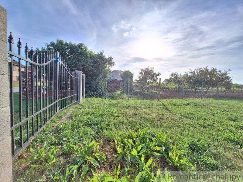 The gate leads to a vast, sunny garden with a lawn and trees.