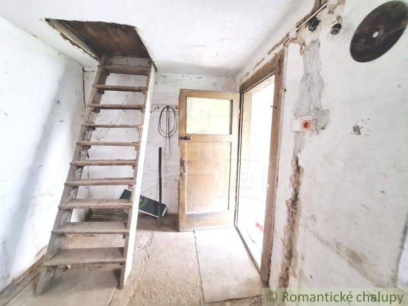 A wooden ladder leads to the attic, next to it are old doors in the cabin.