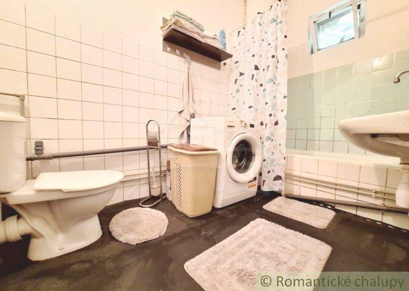 Bathroom in a family house with a washing machine, shower curtain, and toilet on a dark floor.