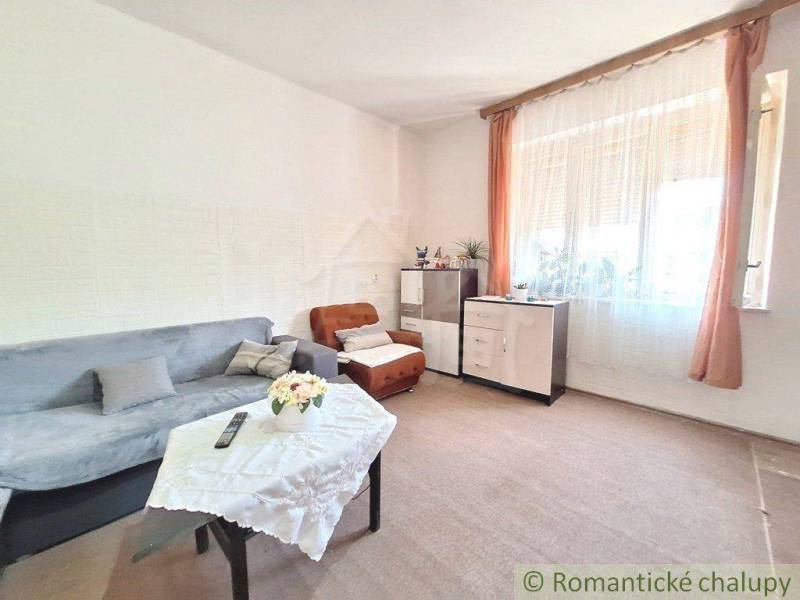 Living room of a family house, sofa, armchair, flowers, curtains, light decorations.