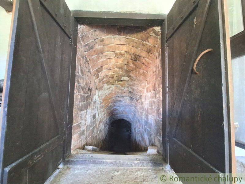 A historic stone tunnel with wooden doors in a peculiar property.
