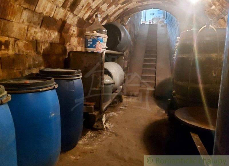 Old wine cellar with barrels and brick walls, part of unique properties.