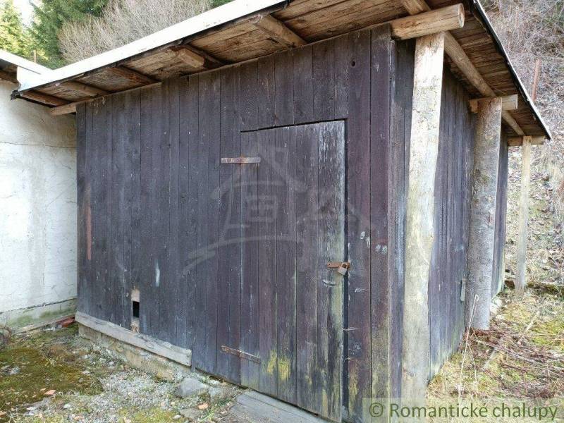 A wooden cabin with an old roof and visible wooden supports in nature.