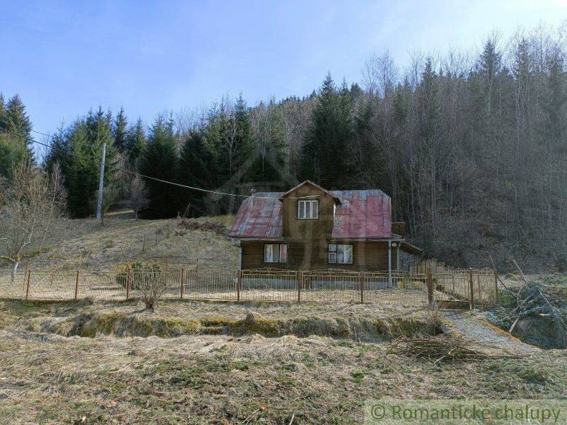 A wooden cabin in the mountains, surrounded by coniferous trees, ideal for relaxation in nature.