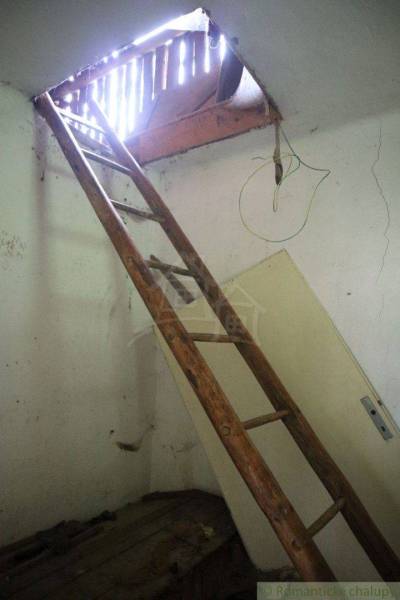 A wooden ladder leads to the attic through an opening in the wall of the family house.