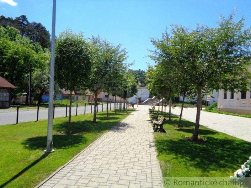A path lined with trees and benches leads to a corner of the garden near the houses.