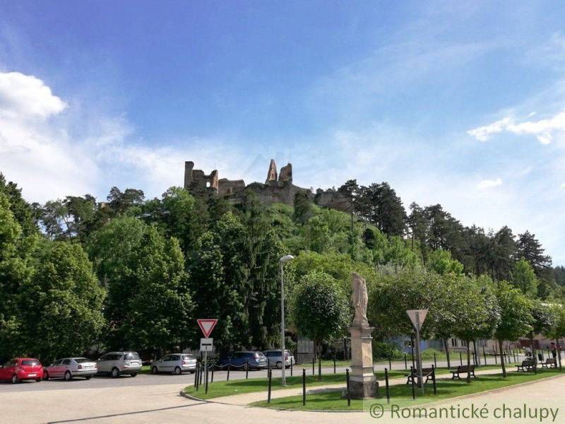 A castle on a hill surrounded by forest and a park with cars in the foreground.