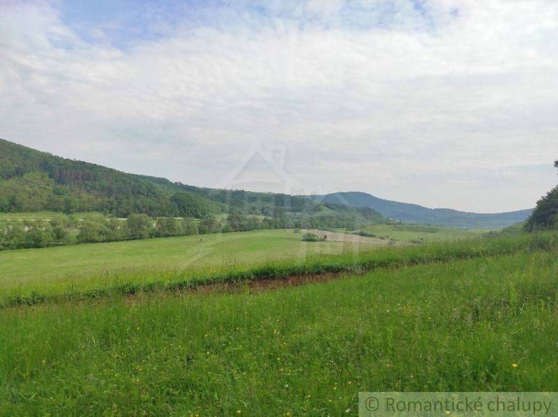 A green meadow in a mountain landscape with a blue sky, surrounded by peaceful nature and a family house.