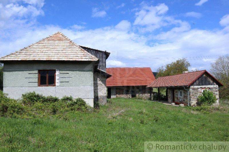 A country cottage on a grassy plot in nature, with a wooden roof and stone walls of a family house.