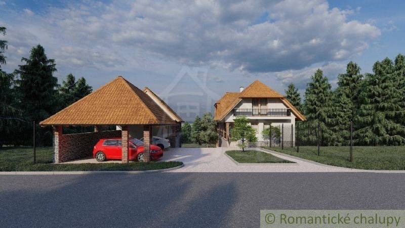 Country cottage, two-story family house with a sloped roof, wooden carport with cars.