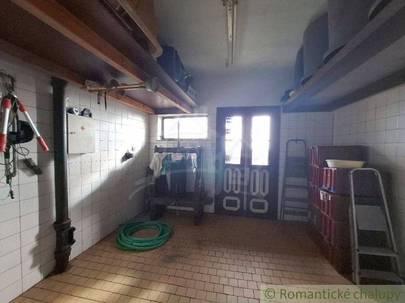 Storage space at the cottage, equipped with shelves, a ladder, and garden tools ideal for the garden and cottage.