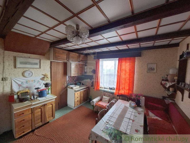 A traditional kitchen in a cabin with wooden paneling and vintage decorations.