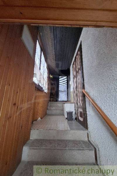In the picture, there are stairs leading to a door, with wooden wall paneling. Cottage.