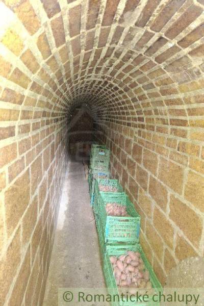 Arched cellar with potatoes in crates, ideal for storage at the cottage.