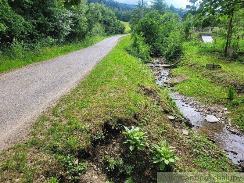 A country road, next to which flows a stream, surrounded by agricultural and forest land.