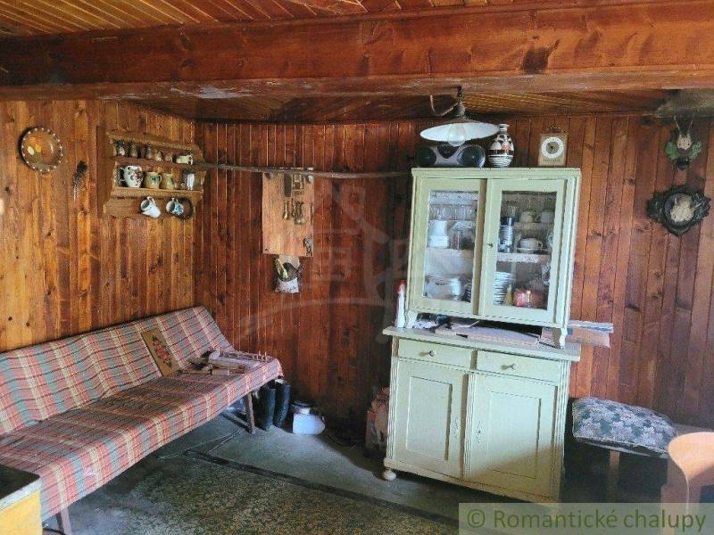 A wooden interior of a cabin with a couch, cabinet, and decorations, an ideal place for a family home.