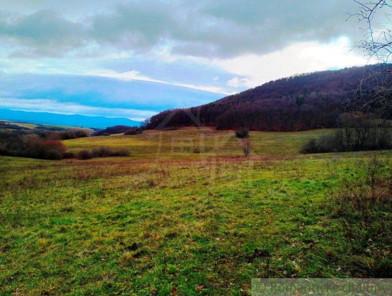 A landscape with agricultural and forest land, slopes, and a blue sky.