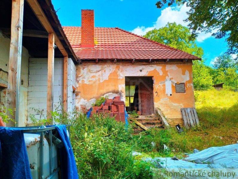 An older family house with a brick roof surrounded by lush nature and renovation.
