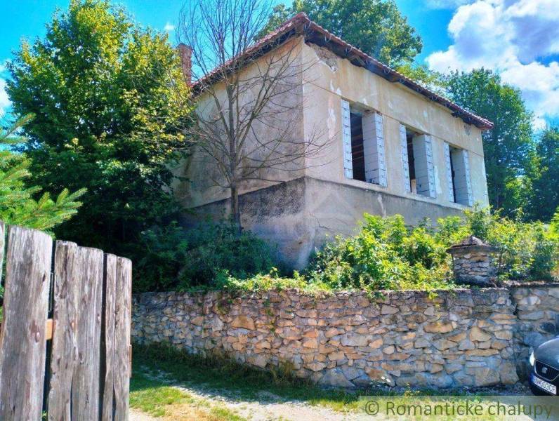 An abandoned family house overgrown with vegetation, enclosed by a stone and wooden fence.