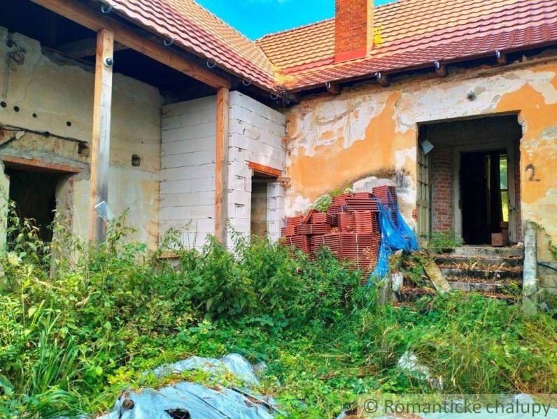 An older family house with a crumbling facade, piles of bricks, and lush vegetation.