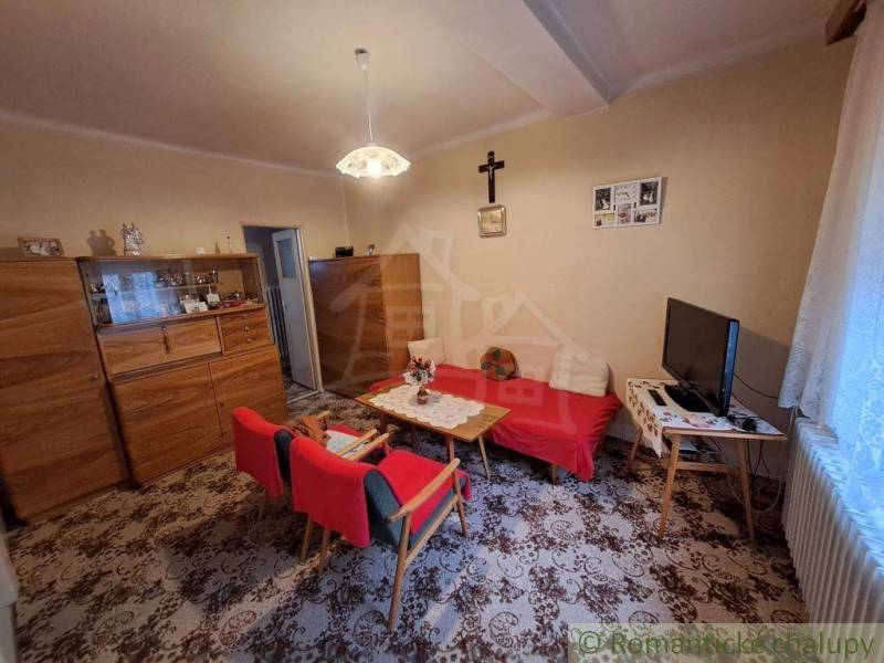 Living room in a family house with a wooden wall, red couch, and television.