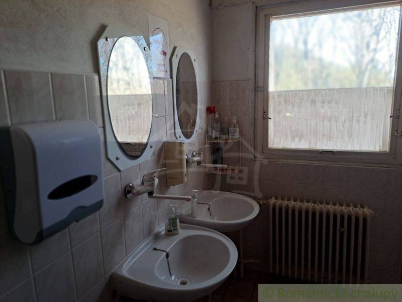A bathroom with two sinks, mirrors, a window, and a radiator suitable for commercial spaces.