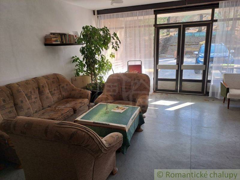 Interior with a sofa, table, plant, books, and glass doors, suitable for commercial spaces.