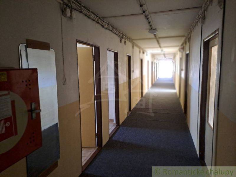A long corridor with older doors leads to a well-lit end.