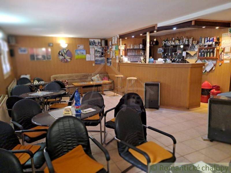 Café with a bar, chairs, tables, and commercial spaces.