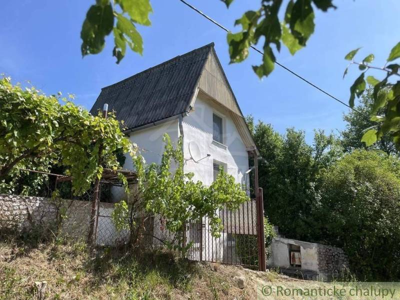 A cottage in Rožňava surrounded by greenery and vineyards, with a blue sky in the background.