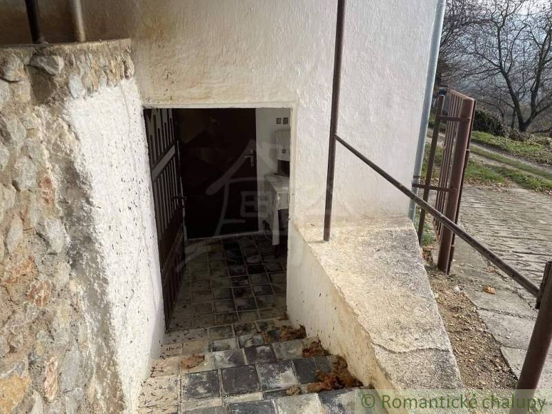 Entrance to the cellar at the cottage, stone steps and door, rustic country character.