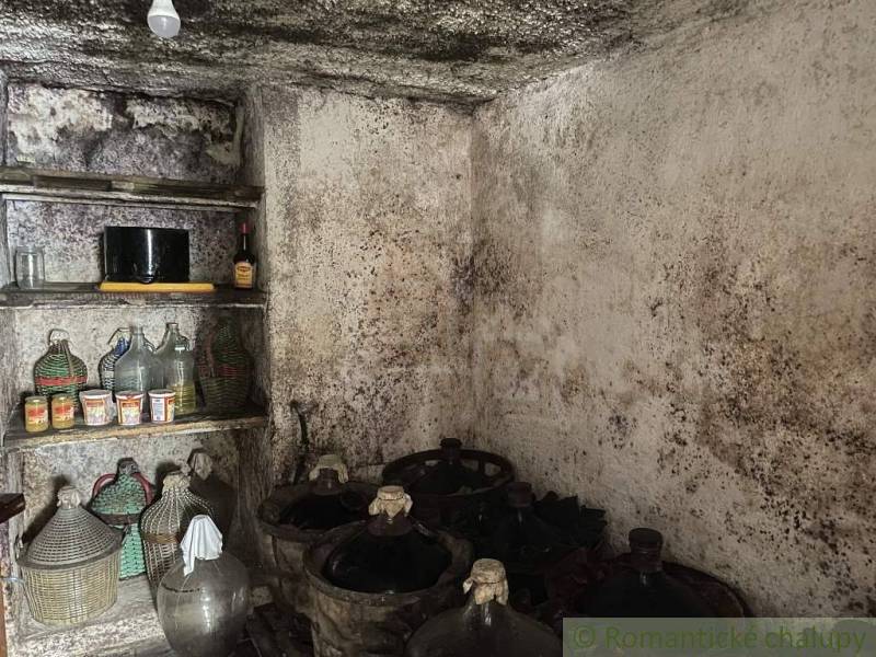 An ancient cellar with bottles and jars, suitable for storage in a cottage.