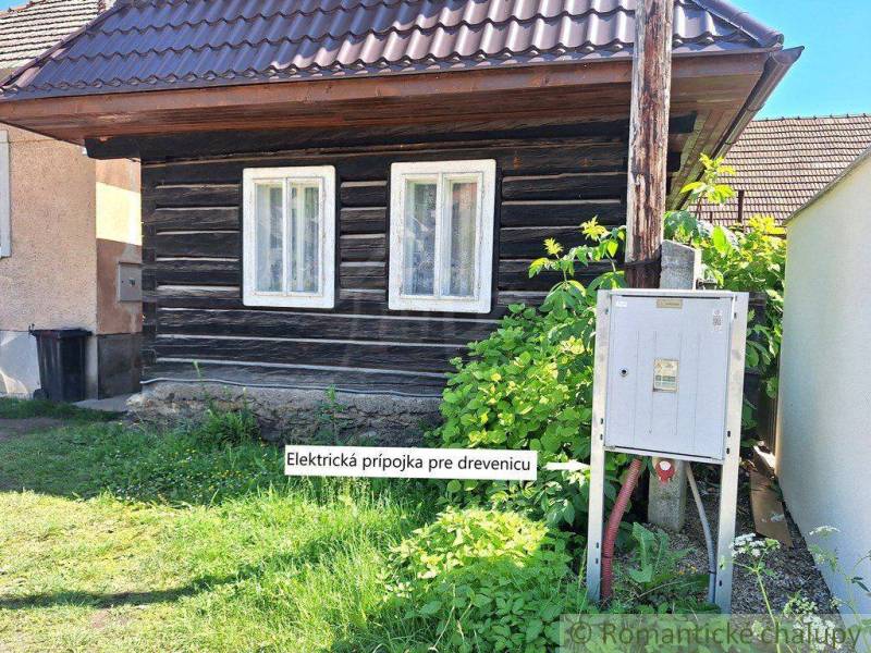 A log cabin with an electrical connection, a garden, and a family house in the background.