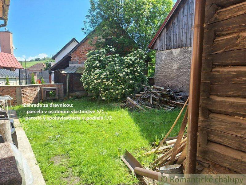 A garden by the family house, a wooden cottage, a pile of wood, behind the houses on the green grass.
