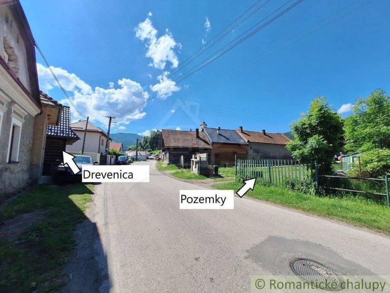 A view of a village street, adorned with wooden houses, surrounded by plots of land and family homes.