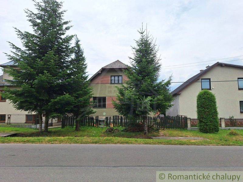 A family house with coniferous trees, a fence, and a road.