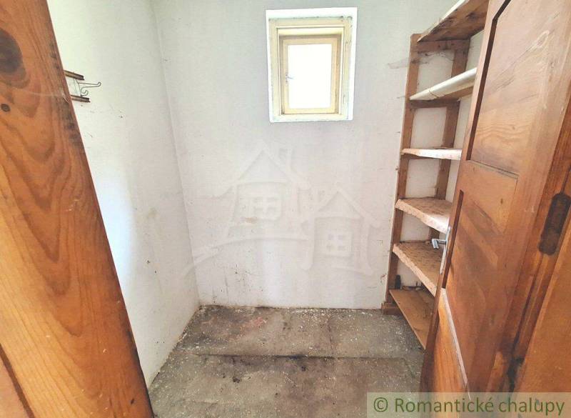 A small room with wooden shelves and doors, suitable for storage space in a family house.