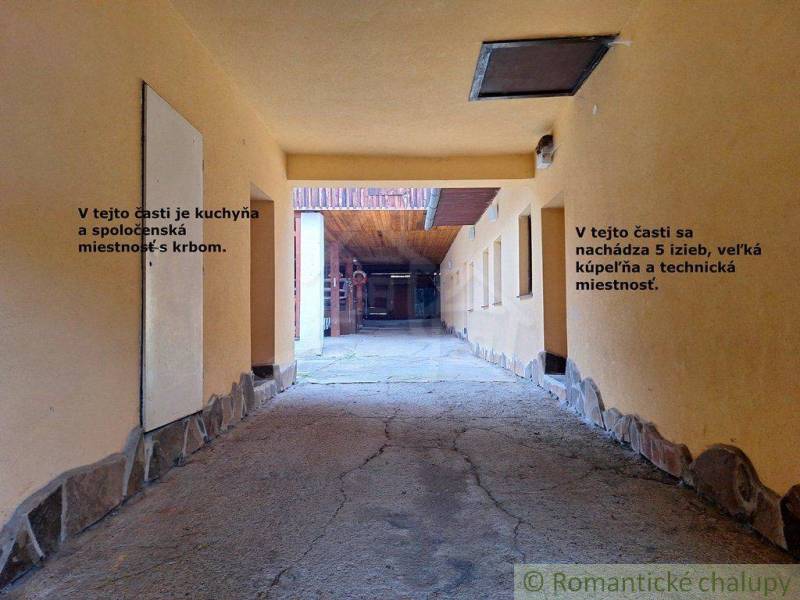 Inner courtyard with passage, rooms, kitchen, common room with fireplace, commercial spaces.