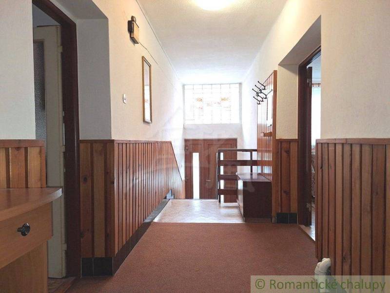 A hallway in a family house with wooden paneling and a carpeted surface, light penetrates through the window.